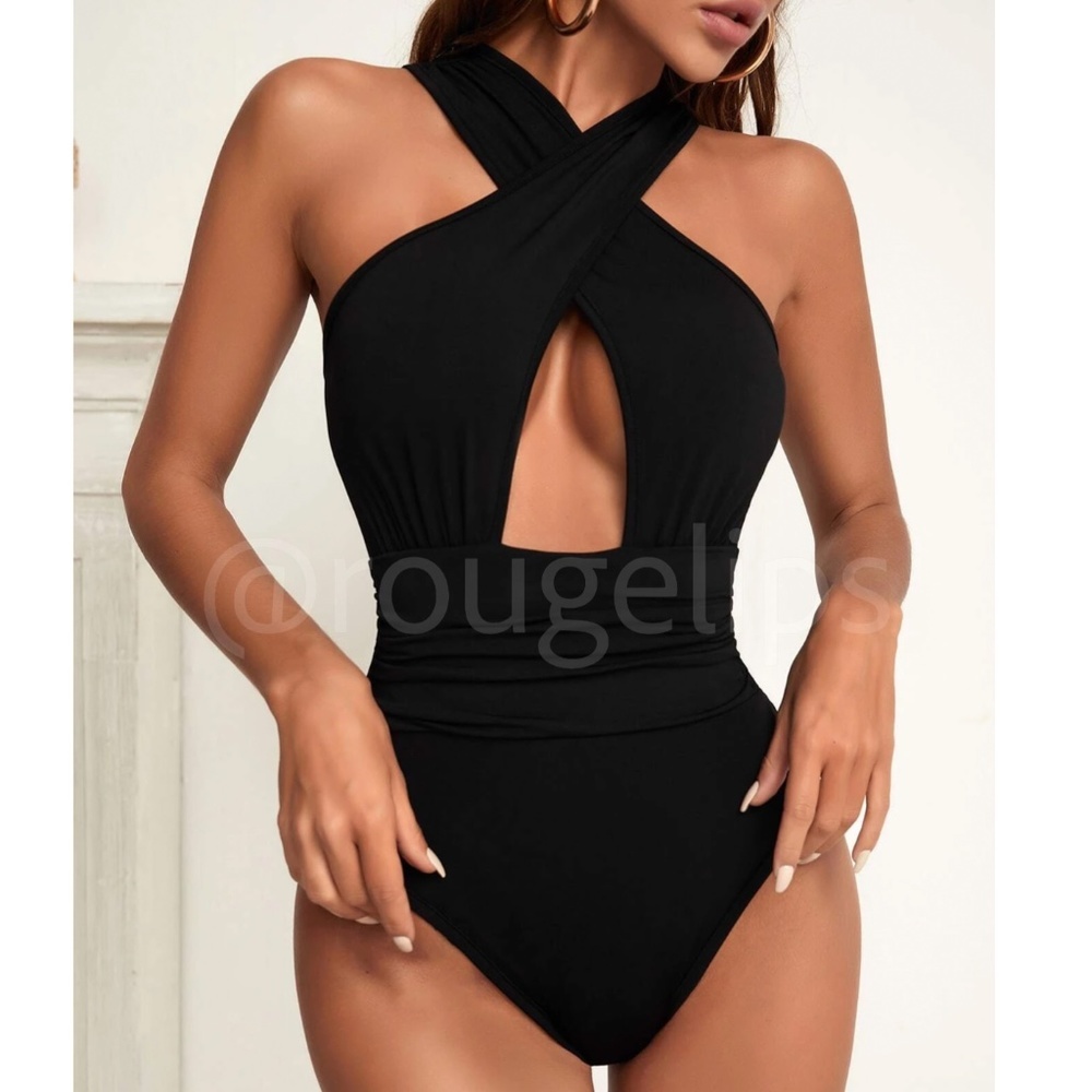 Criss Cross Front Black Bodysuit Cut Out Keyhole Slim Fit